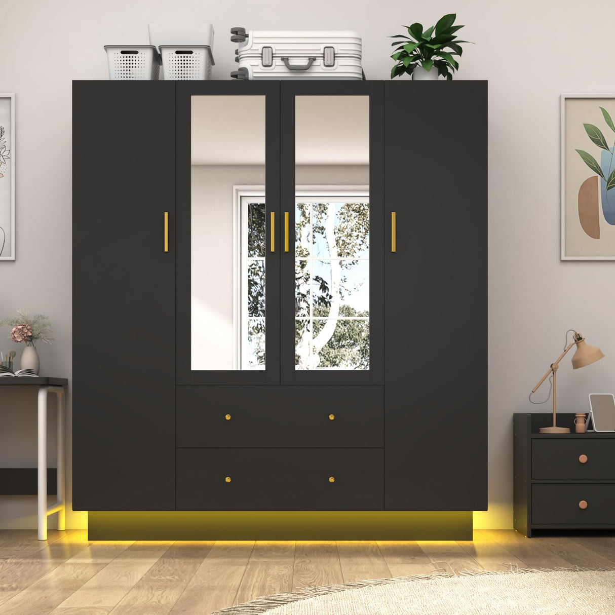 jiteentarou 4 Door Wardrobe Closet with Mirrors and LED Lights, Bedroom Armoire with Drawers and Shelves, Modern Wooden Armoire Wardrobe Closet with Hanging Rod for Bedroom, Black jiteentarou