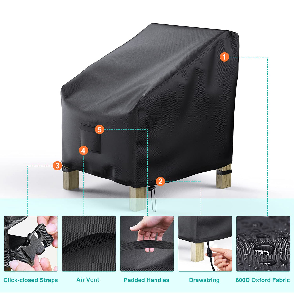 BROSYDA Patio Chair Covers for Outdoor Furniture Waterproof 2 Pack, Lawn Chair Covers 600D Heavy Duty Oxford Cloth, Large Covers for Lounge Lawn Deep Seat Black 38" W x 31" D x 29" H BROSYDA