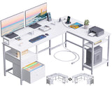 Furologee White 59” L Shaped Desk with Power Outlet, Reversible Computer Desk with File Drawer & 2 Monitor Stands, Corner Home Office Desk with Storage Shelves for Gaming Writing Furologee