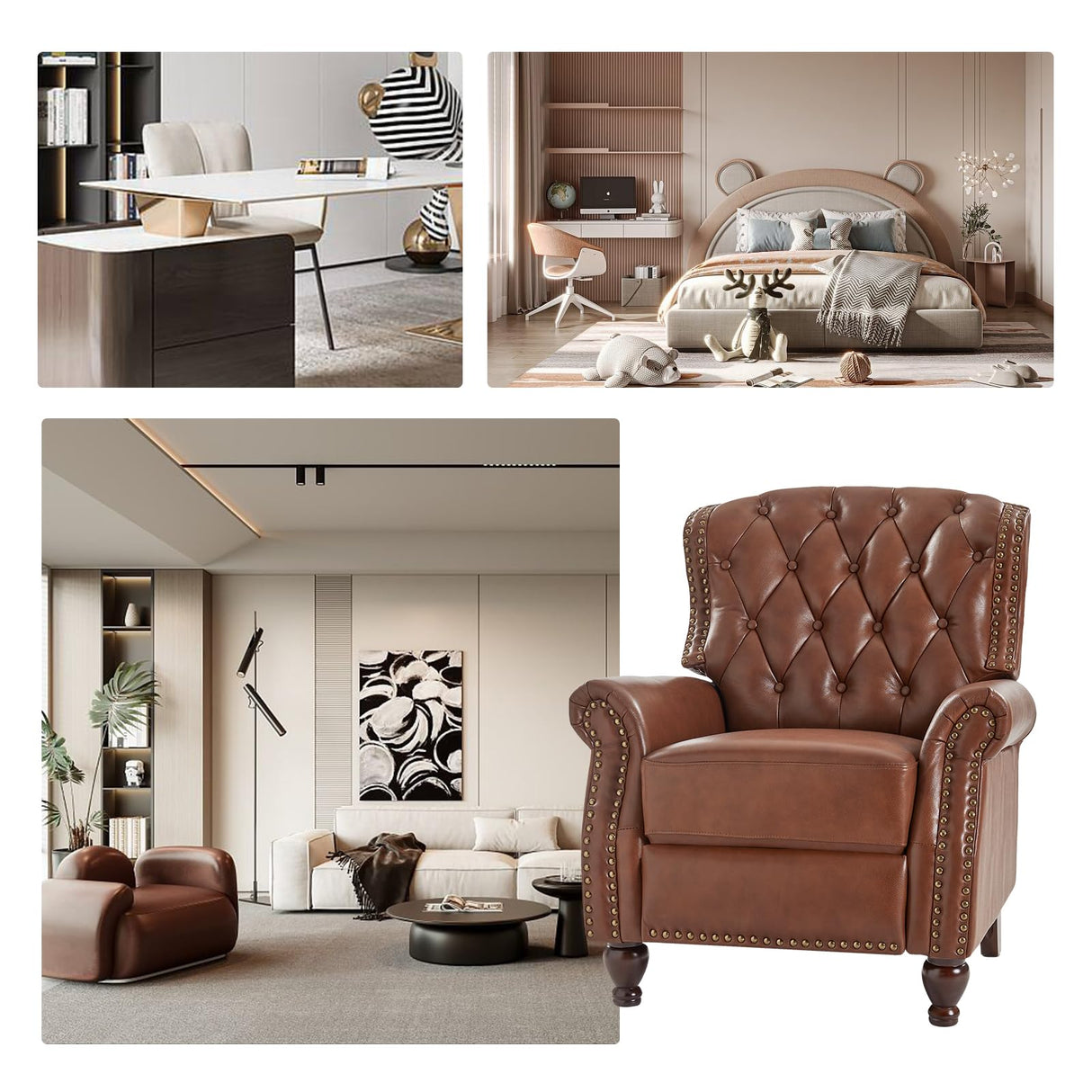 HULALA HOME Genuine Leather Recliner Chair Set of 2 w/Solid Wood Feet, Modern Adjustable Tufted Push Back Arm Chair w/Rivet Decoration, Home Theater Seating Reclining Sofa for Living Room, Brown HULALA HOME