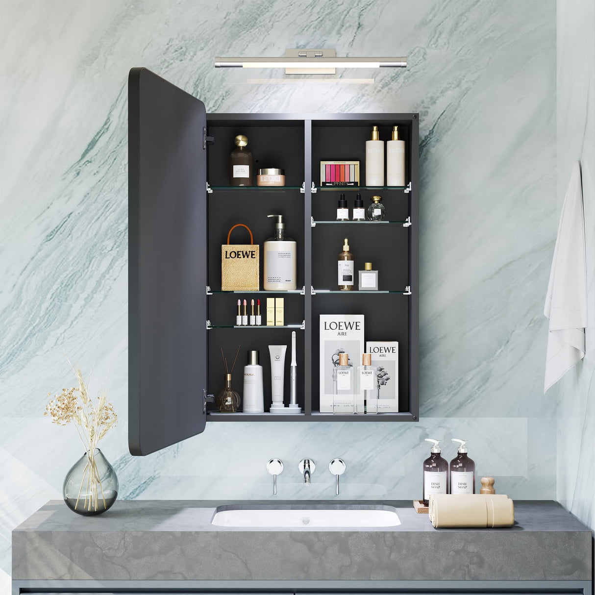 Black Medicine Cabinet with Mirror for Bathroom: 16 x 20 Inch Small Mirrored Vanity Storage with Adjustable Shelves - Surface or Recessed Wall Mount - Matte Black Frame MemoCastle