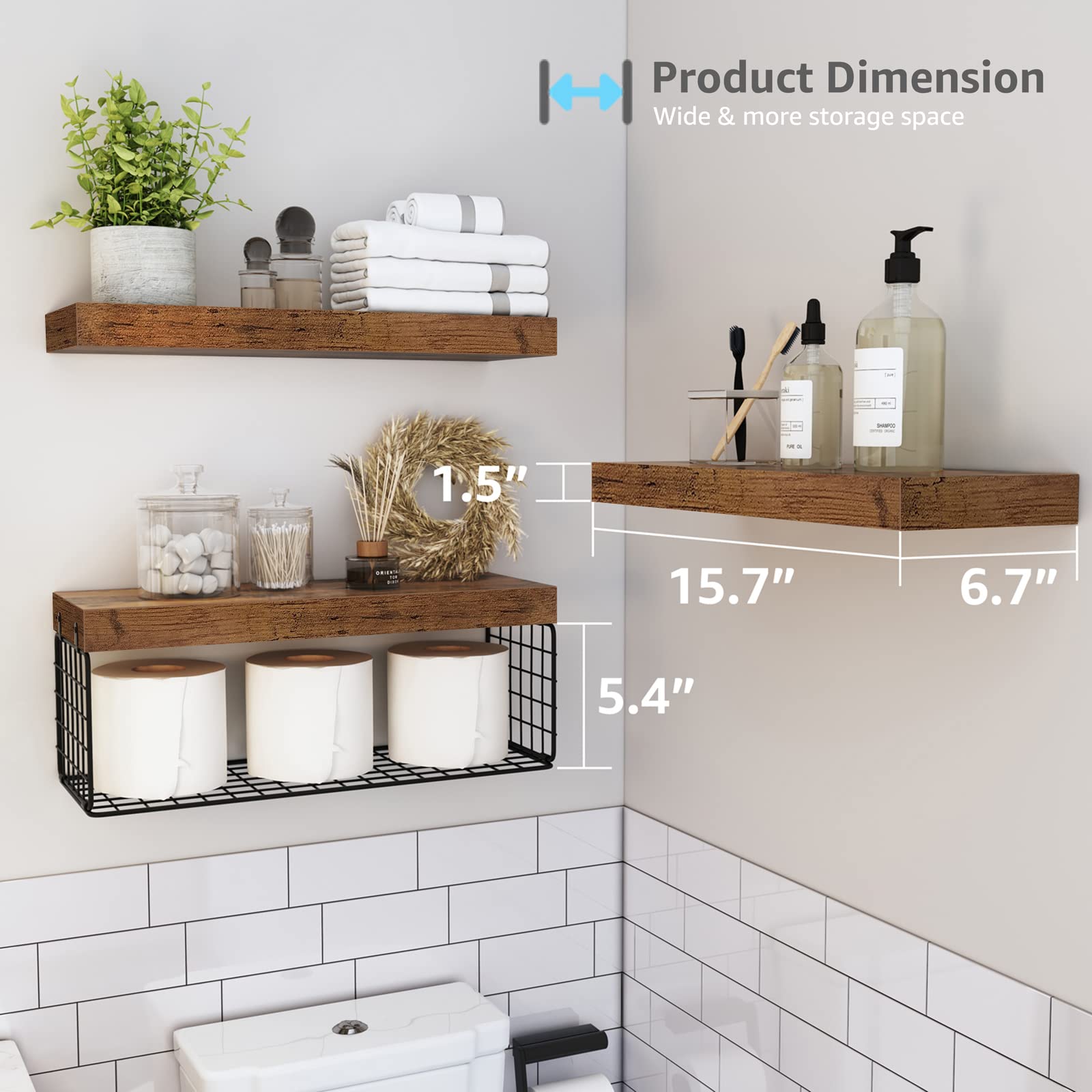 Floating Shelves Wall deals Mounted, Rustic Wood Bathroom Shelves Over Toilet, Grey