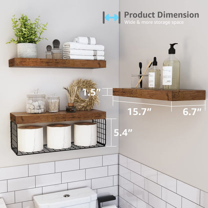 QEEIG Bathroom Shelves Over Toilet Wall Mounted Floating Shelves Farmhouse Shelf Toilet Paper Holder Small 16 inch Set of 3, Rustic Brown (019-BN3) - WoodArtSupply