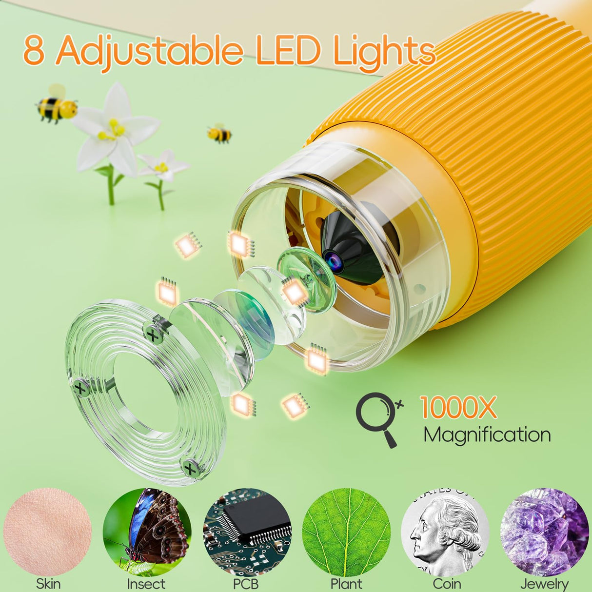 Microscope for Kids, SKYBASIC 2" IPS Screen 1000X Handheld Digital Microscopes HD Pocket Portable Mini USB Microscope Camera, PC Compatible, Science Edu Fun Birthday Gifts Toys for Children Students SKYBASIC