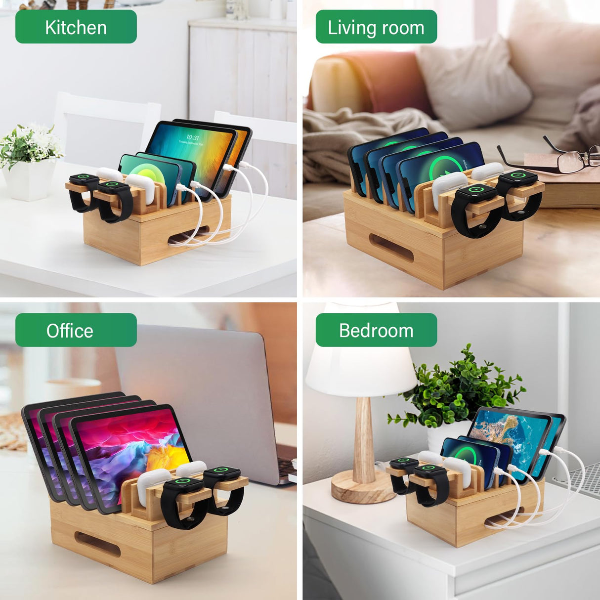 Deefielly Bamboo Charging Stations for Multi Devices with 5 Port USB Charger, 6 Cables, Desktop Wood Docking Station Charger Organizer for Cell Phones, Tablets,Earphone, Watches Deefielly