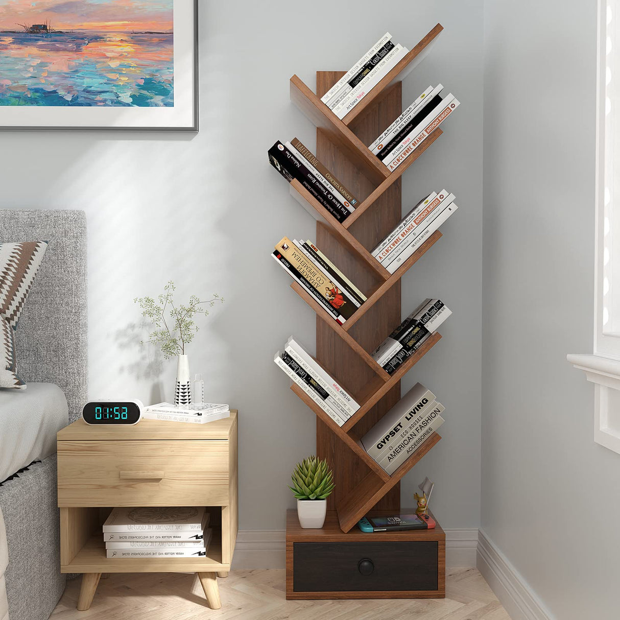 OFFICEJOY 10-Tier Tree Bookshelf, Floor Standing Bookshelf with Drawer, Small Bookcase for CDs, Books, Magazines,Utility Organizer Shelves for Living Room, Study, Bedroom, Office, School, Brown OFFICEJOY