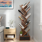OFFICEJOY 10-Tier Tree Bookshelf, Floor Standing Bookshelf with Drawer, Small Bookcase for CDs, Books, Magazines,Utility Organizer Shelves for Living Room, Study, Bedroom, Office, School, Brown OFFICEJOY