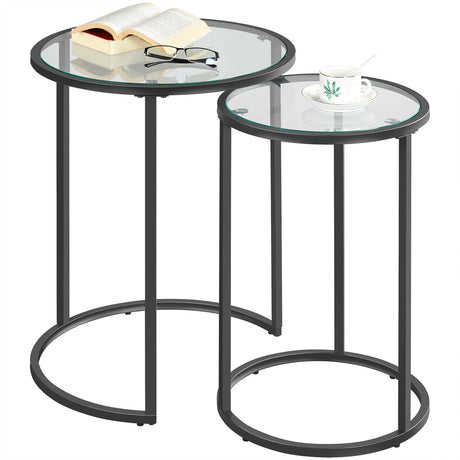 Yaheetech Round Nesting End Table Set of 2,Stacking Side Tables,Coffee Tables Set w/Metal Frame & Glass Top & Protective Foot Pads for Small Space, Living Room, Office- Black Yaheetech