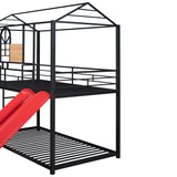 Twin Over Twin Metal Bunk Bed with Slide, House Bunk Bed with Roof and Guardrails for Kids, Teens, Girls, Boys (Black with Red Slide) Bellemave