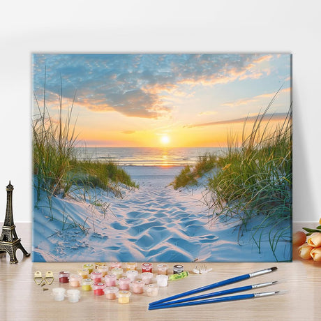 Rebotipy Paint by Numbers Kit for Adults Beginner, Seaside Sunset Adult Paint by Number Kits on Canvas, Beach and Sky DIY Watercolor Oil Paint by Number for Adults for Home Decor 16x20 Inch Rebotipy