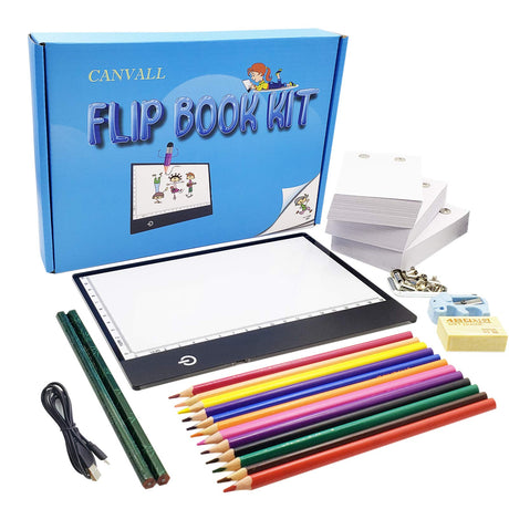 Canvall Flipbook Set for Drawing and Tracing Animation, Include: A5 LED Light Box, 540 Pages Animated Loose-Leaf Paper, 2 HB +12 Colored Drawing Pencils, Pencil Sharpener, Eraser and Screwdriver Canvall