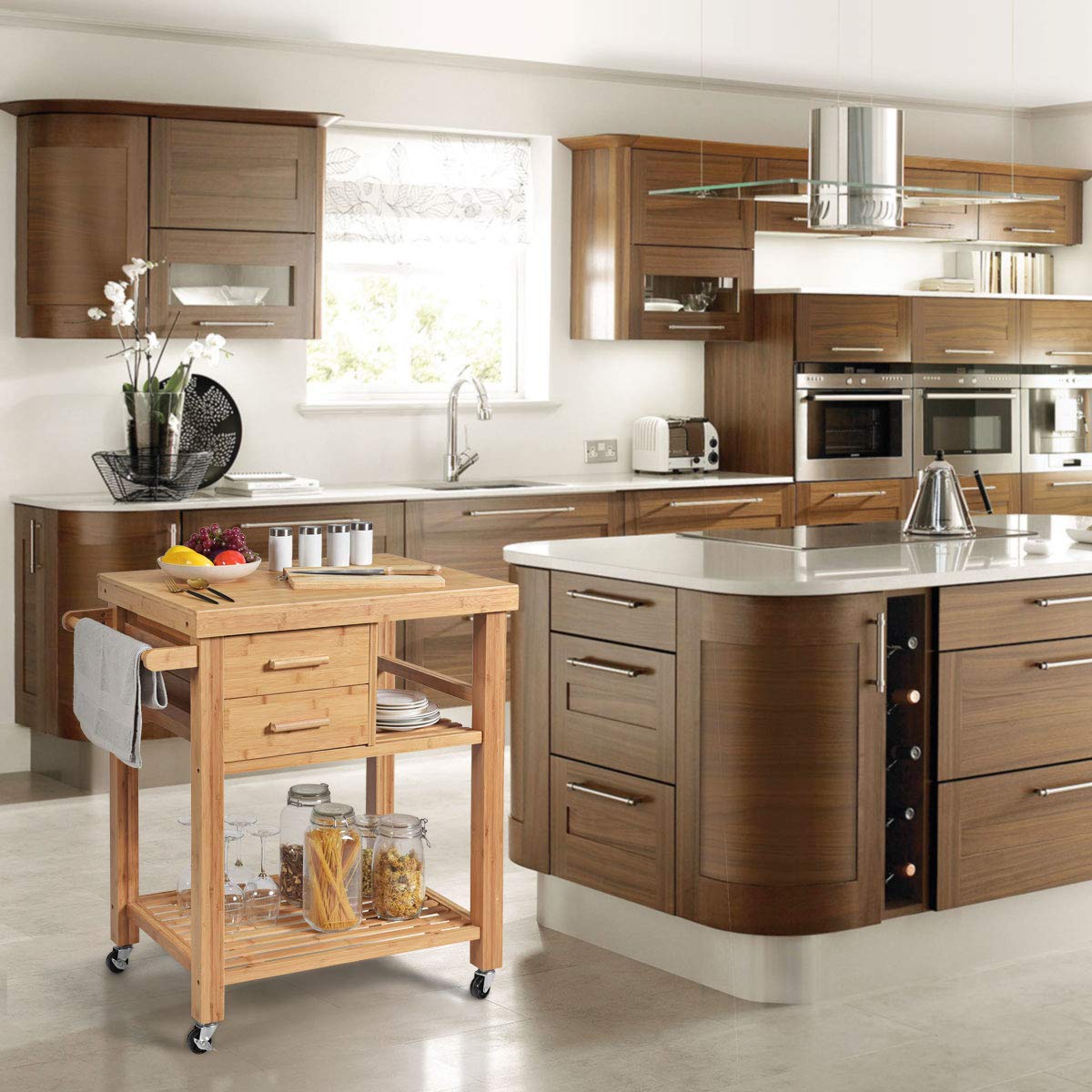 Giantex Kitchen Island, Bamboo Island Cart, Kitchen Trolley Cart on Wheels, Rolling Kitchen Cart, 2 Drawers, Towel Rack, Casters with Lock (Natural) Giantex