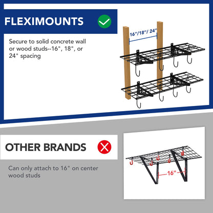 FLEXIMOUNTS Garage Wall Shelving, 2-Pack 1x3 ft, Includes 8 Bike Hooks, Wall Shelf Garage Organization System w/Bike Hangers, Garage Storage Rack, Floating Shelves, 300 lbs Weight Capacity