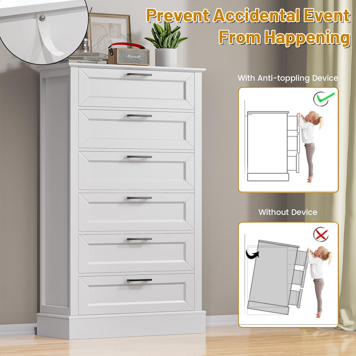 White 6 Drawer Dresser, 55 Inch Tall White Dresser for Bedroom, Modern Farmhouse Style Chest of Drawers for Bedroom Living Room, Wood Rustic Tall Dresser, Organizer for Closet, Living Room, Hallway ZLWJGY