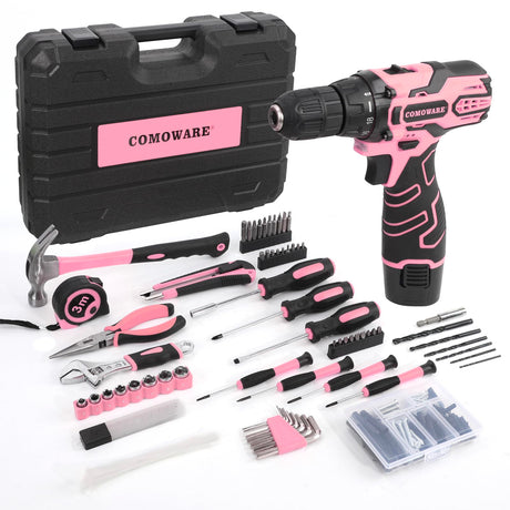 COMOWARE Home Tool Kit with Pink Drill, 195PCS Household Tool kit with 12V Cordless Power Drill, Power Drill Sets Home Repairing Tool Sets with Storage Case for Women COMOWARE