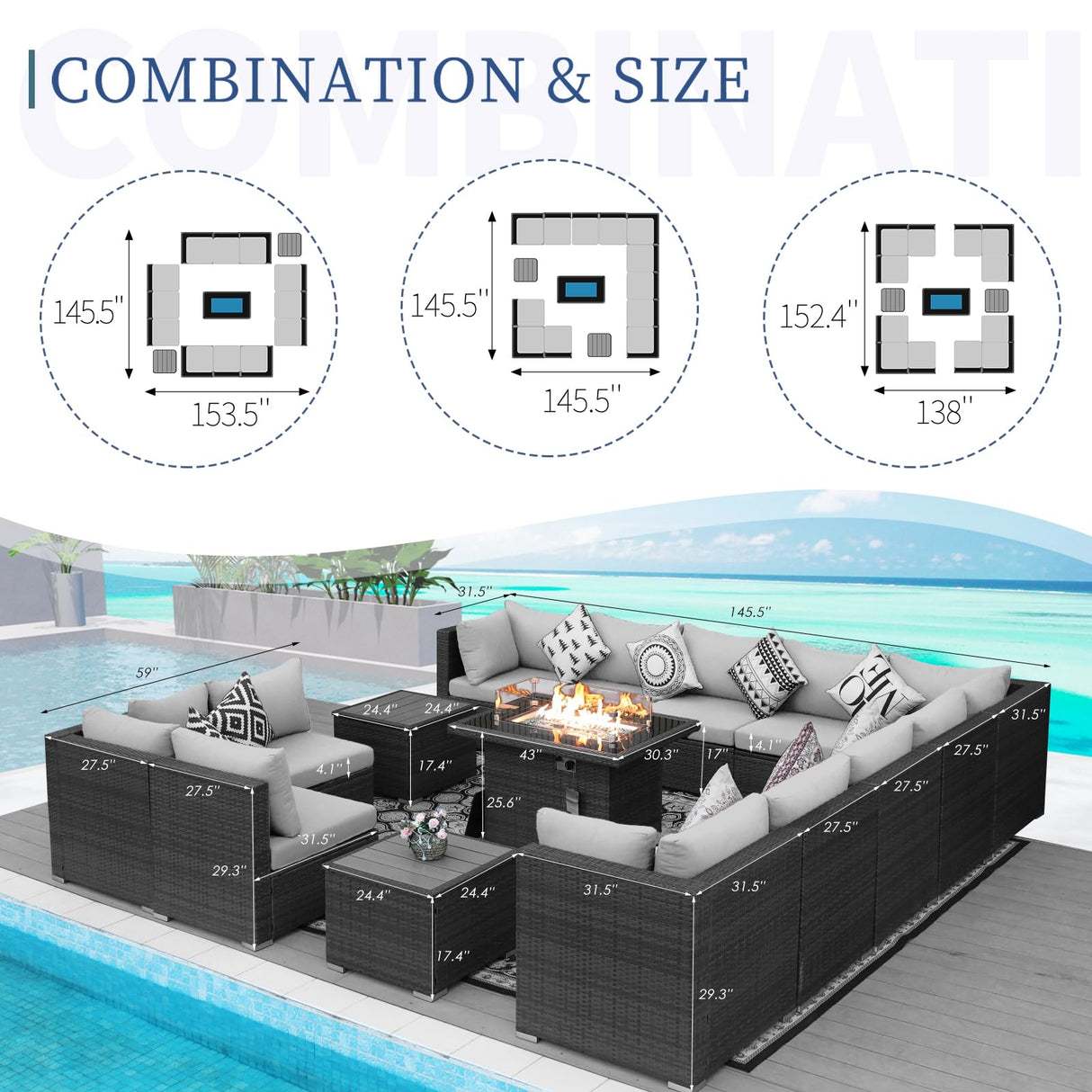 NICESOUL® 15 Piece Luxury Large Patio Furniture Sofa Set with Natural Gas/Propane Fire Pit Table, 29.3" High Back Outdoor Conversation Set, Outside PE Rattan Sectional Sofa, Light Gray NICESOUL