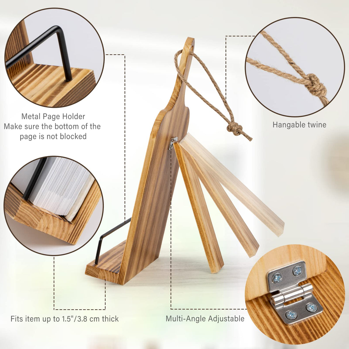 PUERSI Cook Book Stand for Kitchen Counter, Wooden Cookbook Holder, Adjustable Recipe Book Holder - Brown PUERSI