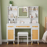 LUXOAK 47" Makeup Vanity Desk with LED Light Mirror & Rattan Design, Vanity Table with Adjustable Large Storage Cabinet for Bedroom Bathroom, Stool Included, White LUXOAK