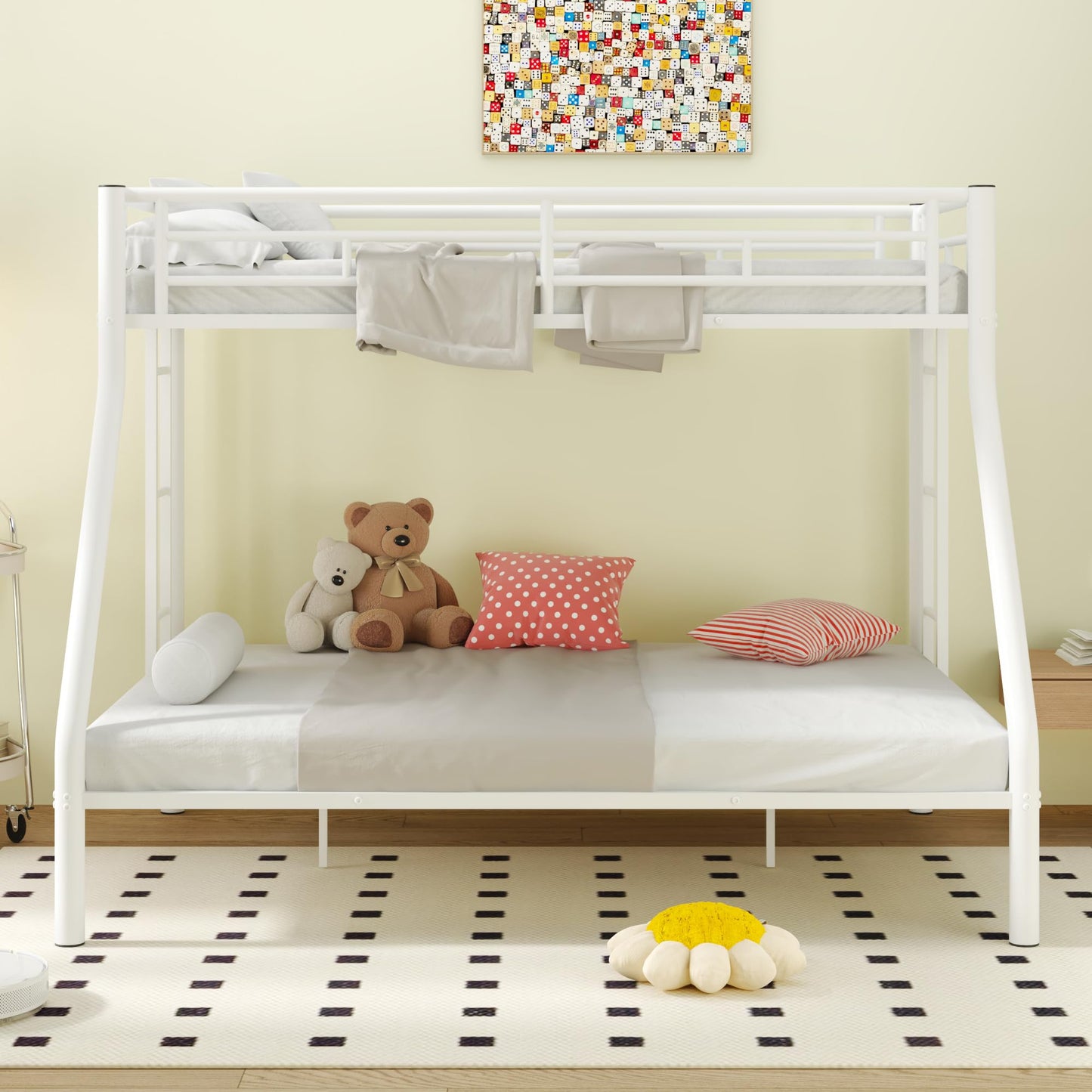 Twin XL Over Queen Bunk Bed for Boys/Girls/Teens/Adults, Heavy-Duty Metal Bunk Beds Frame with 2 Ladders & High Guardrails, Under Bed Storage Space, Noise Reduced, No Box Spring Needed,White