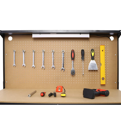 FRITHJILL Heavy-Duty Workbench with Pegboard, Two Drawers, and LED Light, Multipurpose Garage Workstation - WoodArtSupply