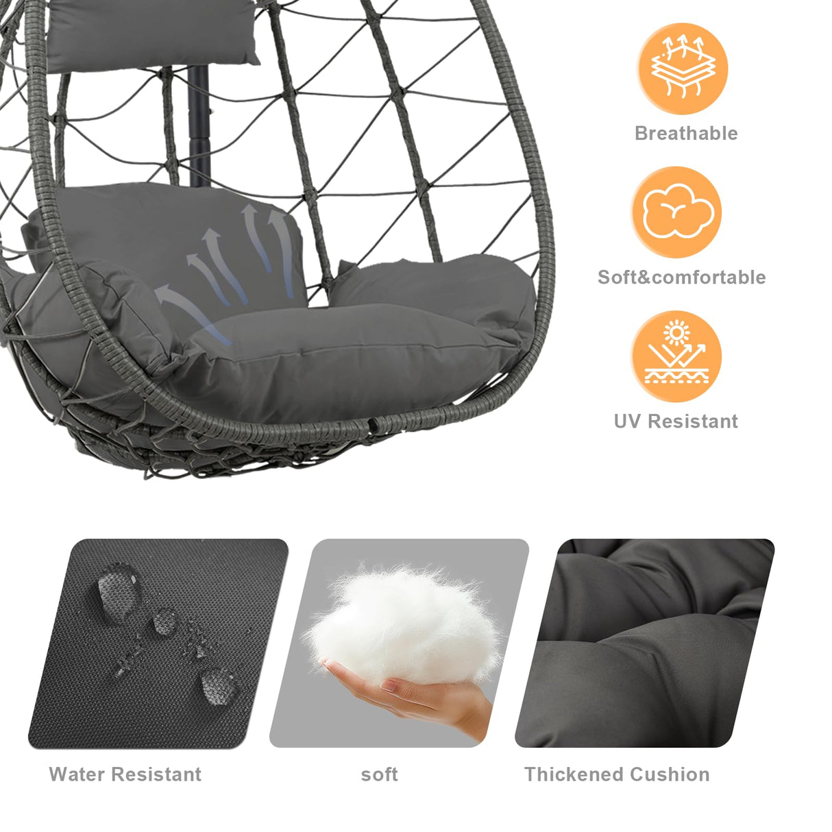 Egg Chair Indoor Outdoor, Foldable Hanging Egg Chair with Stand, Patio Swing Egg Chairs, UV Resistant Removable &Washable Thicken Padded Cushions, 350LBS Capacity for Bedroom, Balcony, Dark Gray HiDSLiving