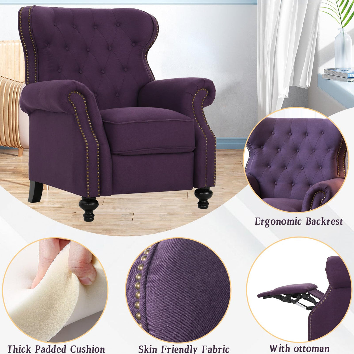Push Back Recliner Chair, Mid Century Wingback Recliner, Accent Chair with Rivet Decoration, Fabric Push Back Single Sofa for Living Room Adjustable Backrest (Plum) Xinmviec
