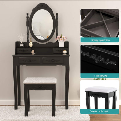 Alohappy Girls Vanity Desk, Makeup Vanity Set with Mirror & Stool, Makeup Table Black Vanity Desk with 4 Drawers Vintage Rose Carving Dressing Desk