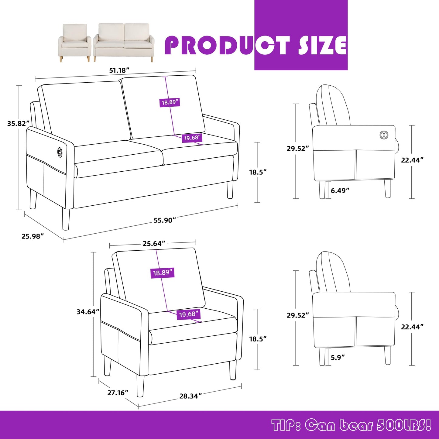 TYBOATLE Modern Living Room Sectional Sofa Sets 3 Pieces, Loveseat Couch w/ 2 USB Charging Ports and 2 Comfy Accent Arm Chairs for Small Space, Apartment, Office, Studio (Cream White)