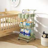 3 Tier Rolling Cart with Metal Handle, Table Top, Hanging Cups, Hooks, Plastic Storage Baskets& Wheels Lockable, Utility Cart for Bathroom Classroom Office Kitchen Pantry Organizers and Storage, Green NRSUEN