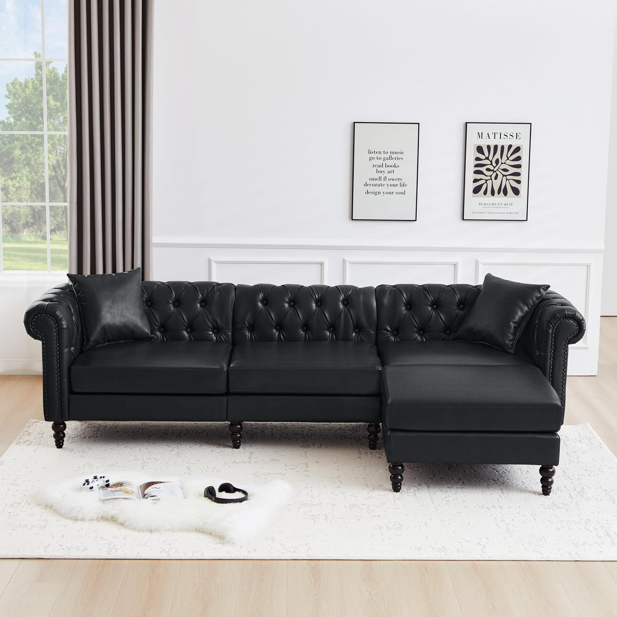AVZEAR Chesterfield L Shaped Sofa Modular, Sectional Leather Couch with Ottoman and Pillow, Modern Sofa Bed PU Deep Seat Sofas Living Room Furniture Sets for Living Room, Bedroom and Apartment, Black AVZEAR