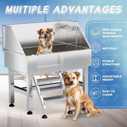 lunacme Dog Washing Station for Home, 38" Professional Dog Bathing Station Stainless Steel Dog Grooming Tub for Home,Equipped with Three Anti-Slip Steps, Removable Door, Pet Wash Station for Pet