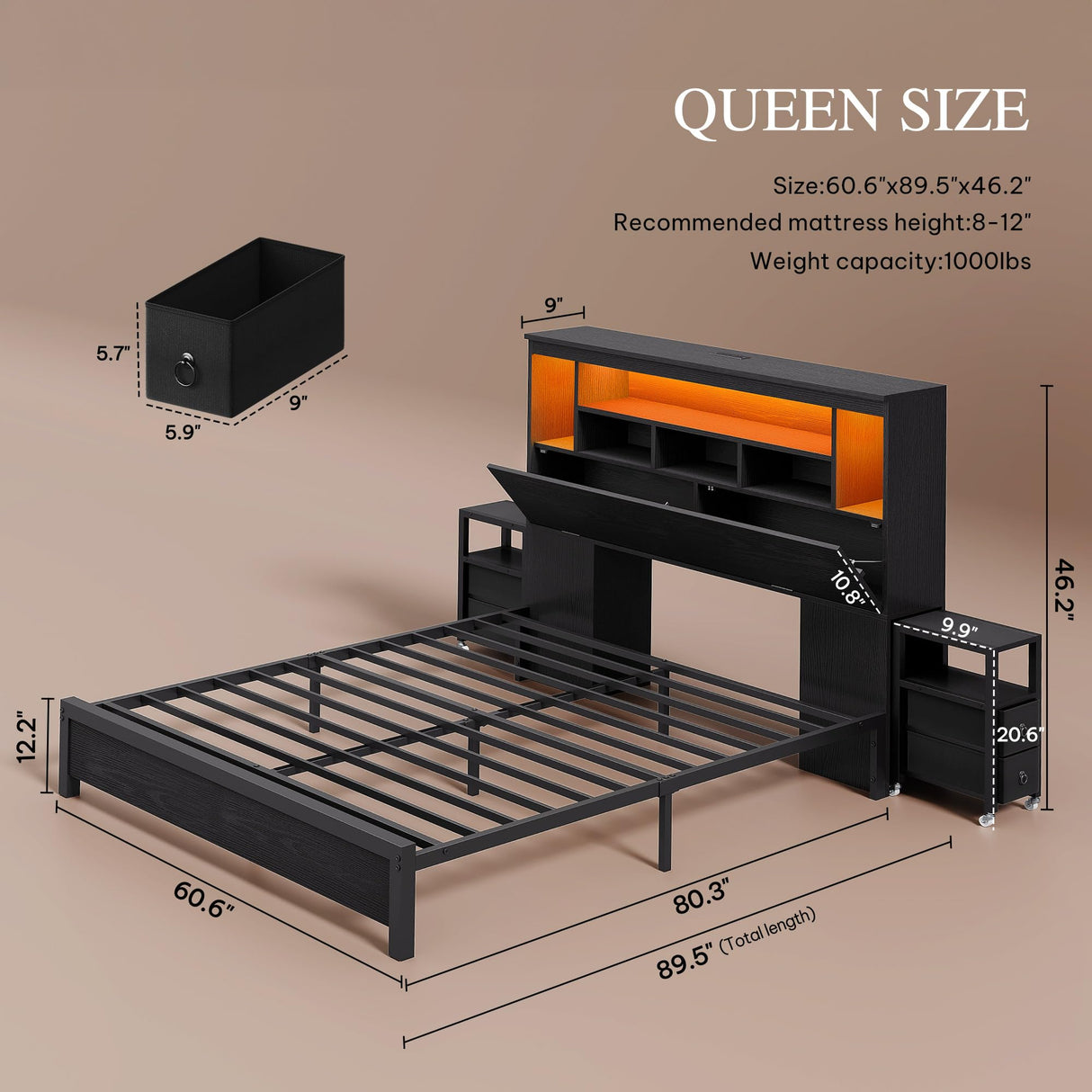 YITAHOME Queen Size Bed Frame with Storage Bookcase Headboard & LED Lights, Slide Out Bedside Storage, Charging Station, Heavy Duty Metal Slats, No Box Spring Needed, Noise-Free, Easy Assembly, Black YITAHOME