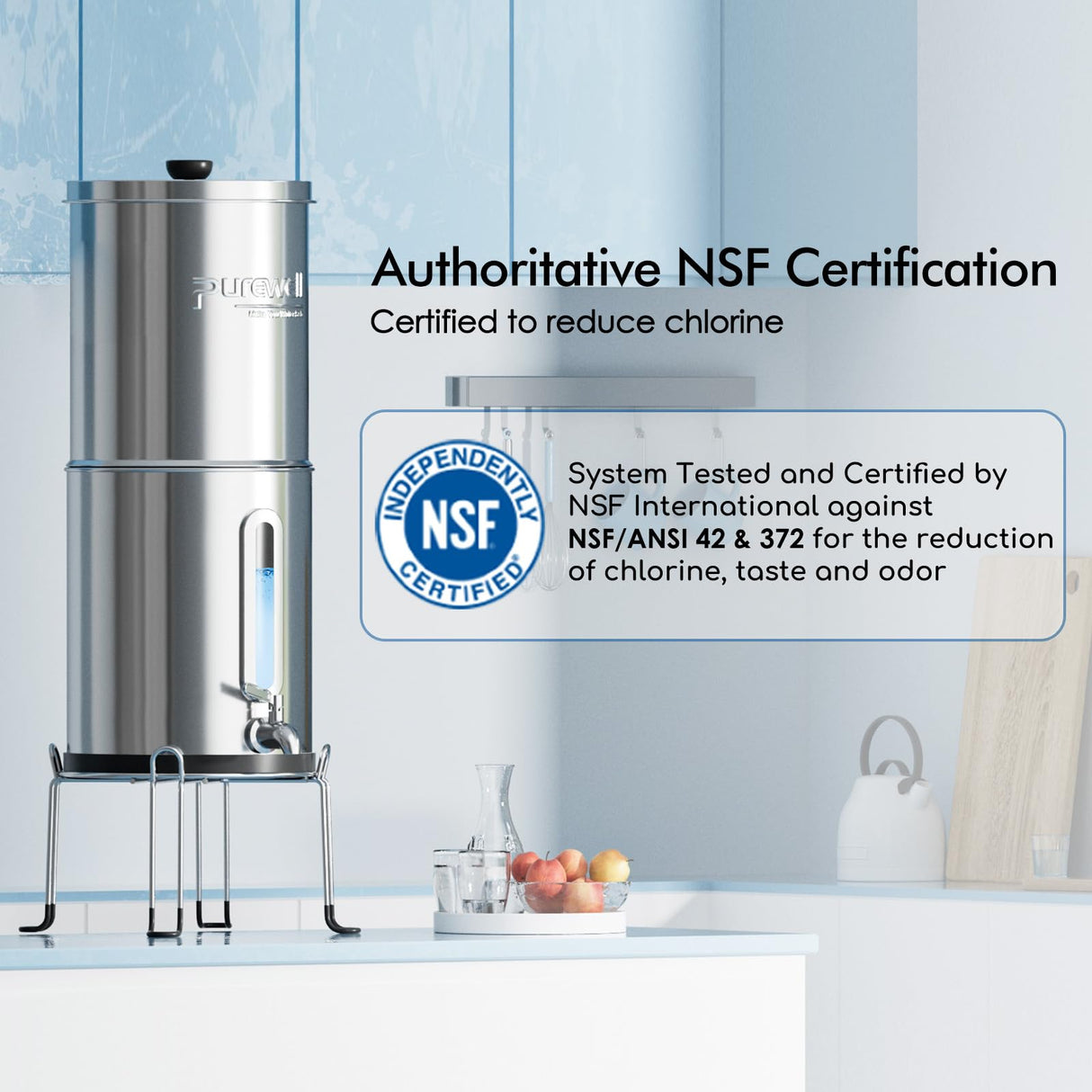 Purewell 2.25G Gravity Water Filter System with Water Level Window, 3-Stage 0.01μm Ultra-Filtration Stainless Steel Countertop System with 2 Filters and Stand, Reduce 99% Chlorine, PW-KS Purewell