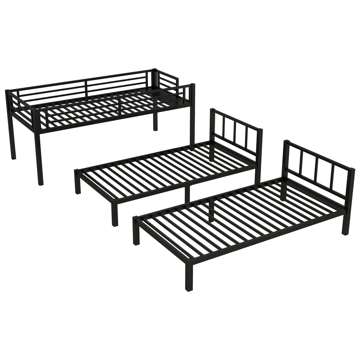 Janusline Twin Over Twin Bunk Beds for 3, Metal Triple Bunk Bed with Full-Length Guardrail and Ladder, TwinXL Over Bedframe for Teens and Adults, Convertible 3 Beds, No Box Spring Needed, Black Janusline