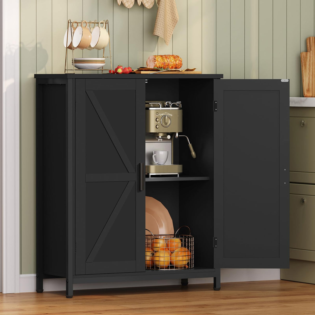 FIONESO Storage Cabinet, Small Cabinet with Barn Doors, Farmhouse Cabinet with Shelf, Black Cabinet for Living Room, Dining Room, Entryway, Black FIONESO