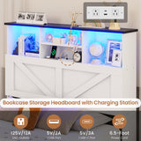 VIAGDO Farmhouse Bed Frame Twin Size with Bookcase Storage Headboard, Charging Station and LED Lights, Wooden Twin Bed Frames with 4 Drawers, Barn Door Design, No Box Spring Needed, No Noise, White VIAGDO