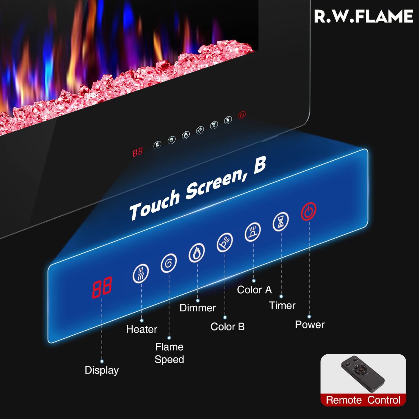 R.W.FLAME 60" Recessed and Wall Mounted Electric Fireplace, Low Noise, Remote Control with Timer, Touch Screen, Adjustable Flame Color and Speed, 750-1500W