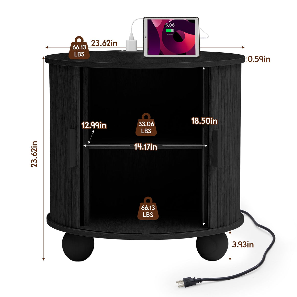 RUSTYER Farmhouse Round End Table with Charging Station, 24" Large Fluted Sofa Side Table with Sliding Tambour Door & Storage, Mid-Century Wood Nightstand for Living Room, Bedroom (Black) RUSTYER