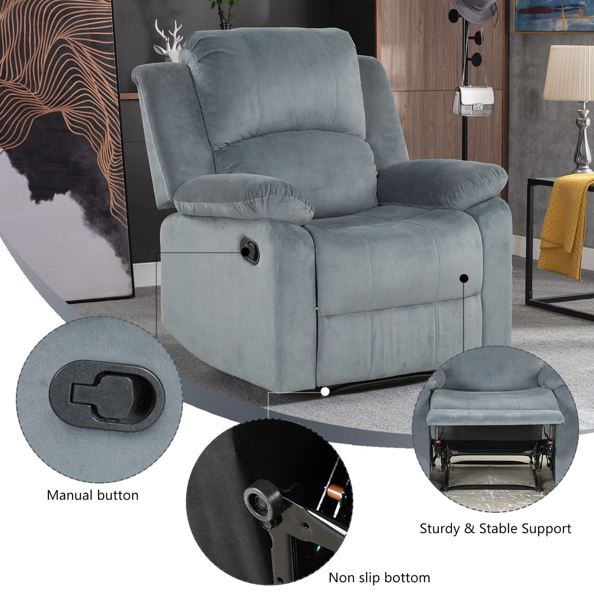 CANMOV Manual Recliner Chair, Soft Fabric Overstuffed Recliner Single Sofa Chair for Living Room, Heavy Duty and Safety Reclining Mechanism (Blue Grey) CANMOV