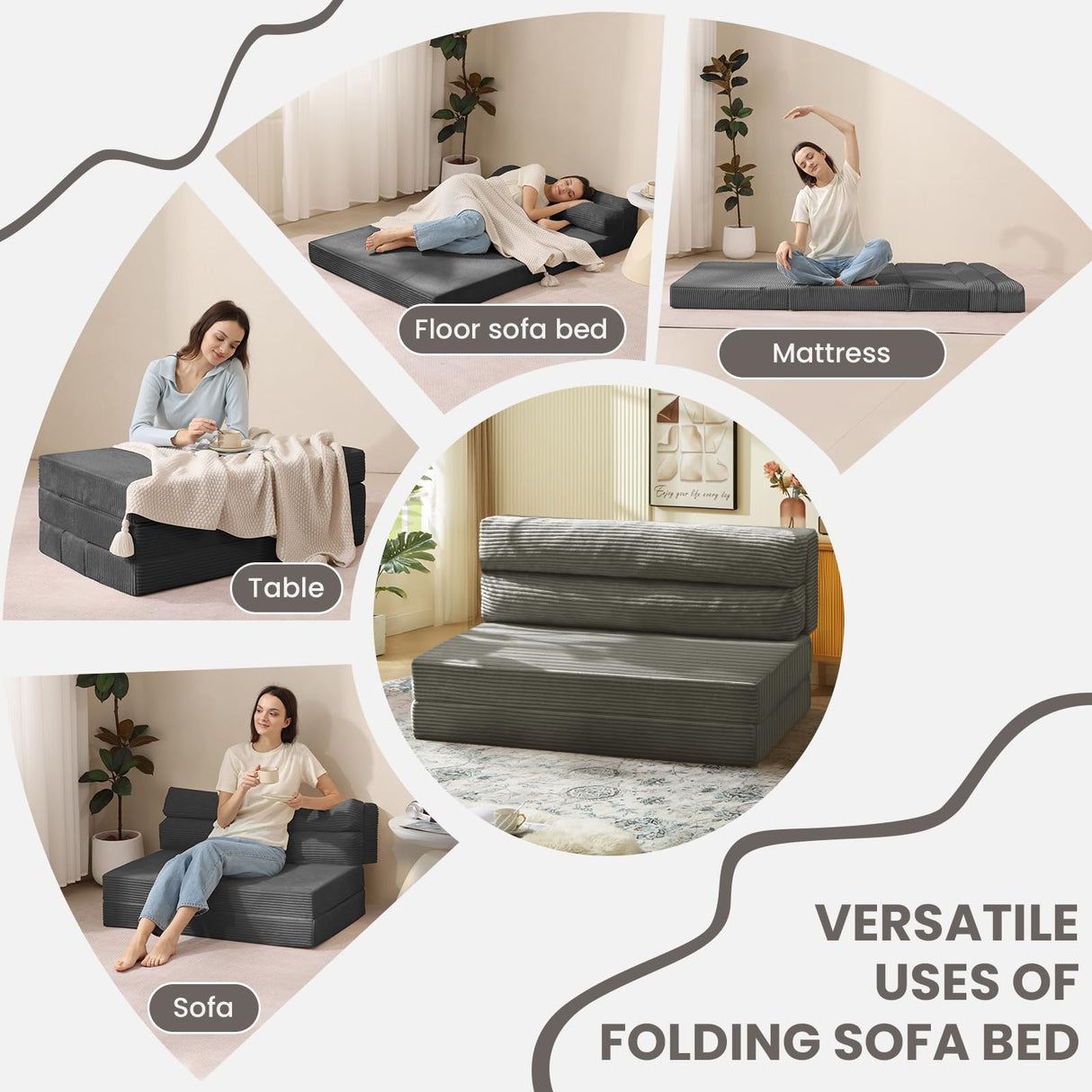 JUIKURY Folding Sofa Bed, Convertible Sleeper Chair with Pilow Foldable Matress, 2 in 1 Pull Out Loveseat Sofa Portable Fold Out Chair Bed Comfy Floor Couch Lounge for Living Room Bedroom,Grey,Full JUIKURY