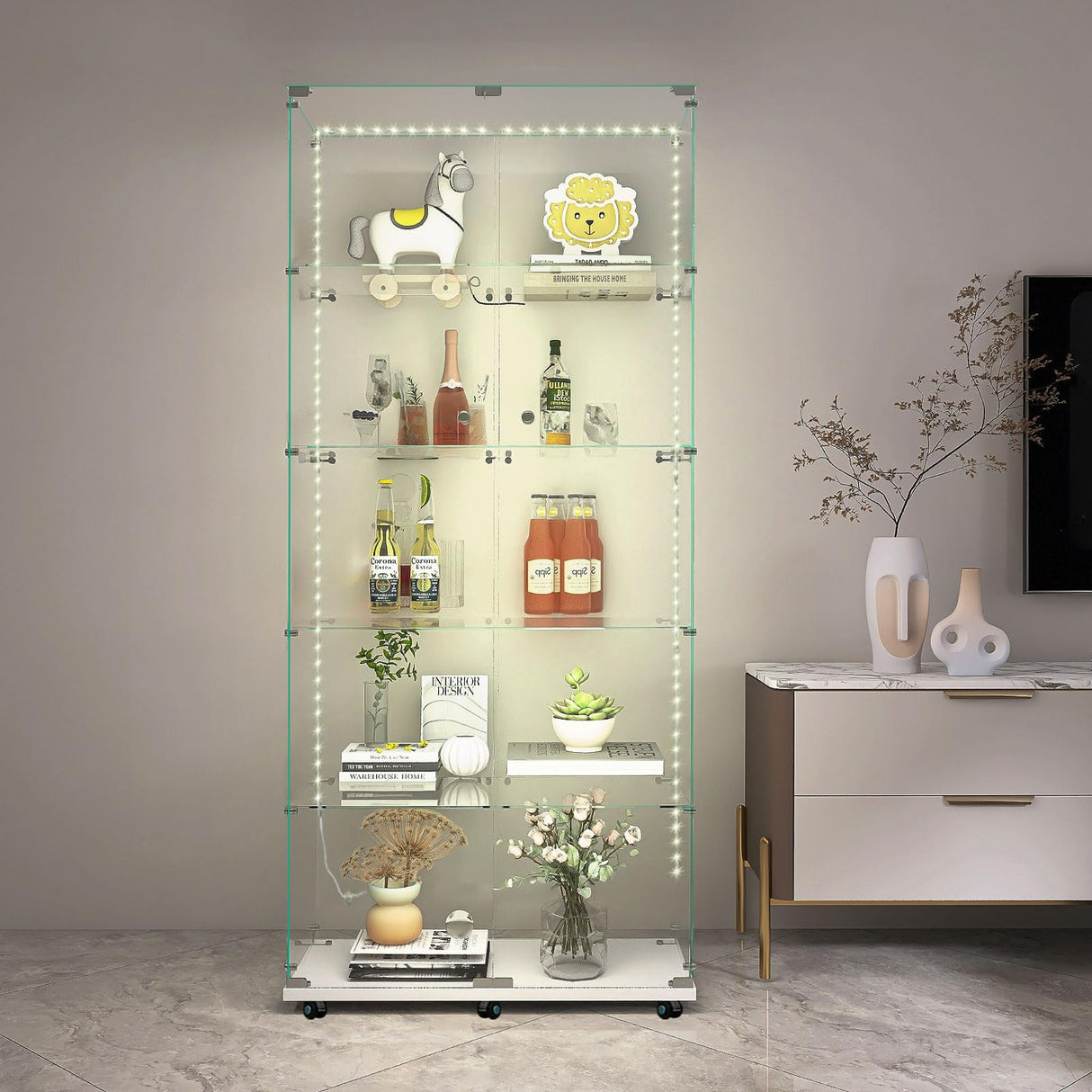 Buzleer Glass Display Cabinet with Lock LED Lighting 5-Tier 2-Door Curio Cabinets Full Vision Showcase Tempered Glass Display Case with Wheels for Living Room Bedroom Office, 74.6"*30.9"*13.6",White Buzleer