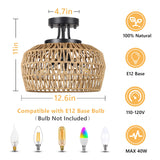 HMVPL Semi Flush Mount Ceiling Light, Rattan Light Fixture Ceiling Mount with Handmade Wicker Lampshade, 3-Lights Boho Chandelier, Woven Close to Ceiling Light for Bedroom Hallway Living Room Kitchen HMVPL