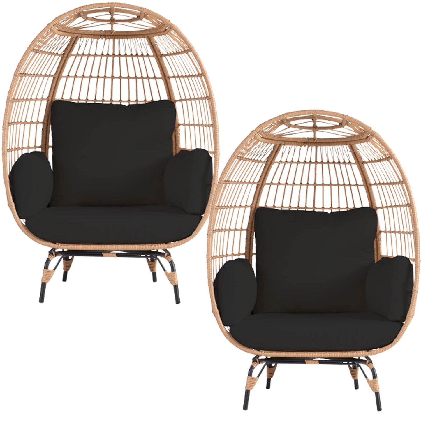 OTSUN Oversized Wicker Egg Chair Set of 2, Outdoor Indoor Lounger with 4 Cushions, 440lb Capacity, Egg Basket Chair for Living Room, Backyard, Balcony, Patio, Black