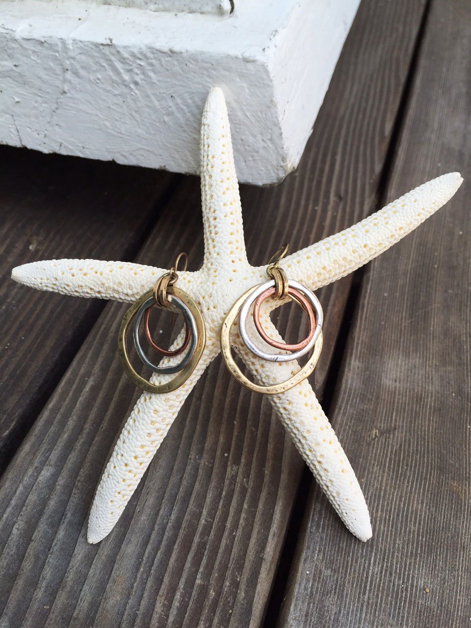 Handmade Sunrise Tricolor Dangle Earrings - Burnished Circles, Copper, Brass and Silverplated Of Earth and Ocean