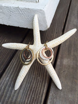 Handmade Sunrise Tricolor Dangle Earrings - Burnished Circles, Copper, Brass and Silverplated Of Earth and Ocean