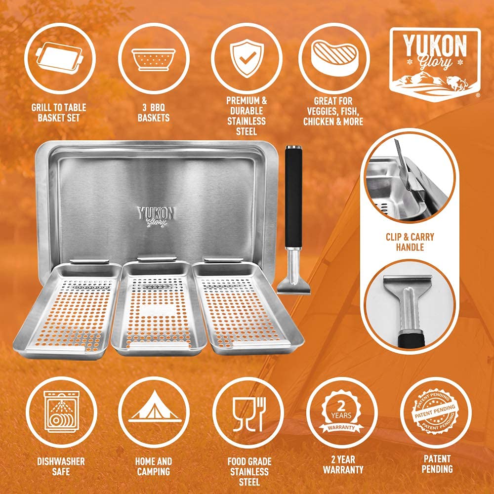 Yukon Glory™ BBQ 'N SERVE Grill Basket Set - Includes 3 Grilling Baskets a Serving Tray & Clip-on Handle - "Patented Grill-to-Table Design" Perfect For Grilling Fish Veggies & Meats Yukon Glory