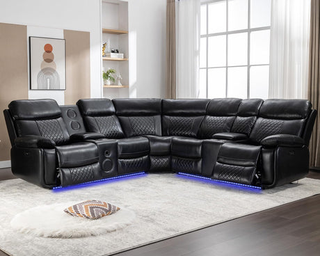 Power Recliner Sectional Sofa Wall Hugger with Bass Speakers,LED Strip,USB Ports,Storage Console,Cup Holders,Faux Leather Reclining Sectional Couch with 2 Recliners for Living Room,5 Seats,Black Comfort Stretch