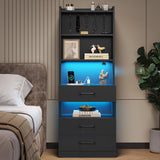 Tall Black Nightstand Set with LED Lights, Charging Station, and Bookshelf - Modern Storage Solution for Bedrooms VIAGDO