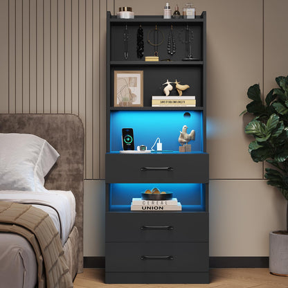 Tall Black Nightstand Set with LED Lights, Charging Station, and Bookshelf - Modern Storage Solution for Bedrooms - WoodArtSupply