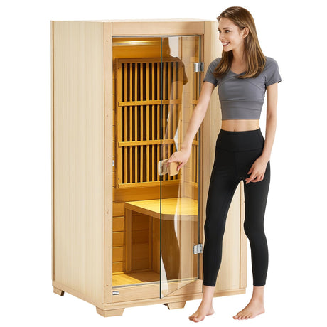 VEVOR Far Infrared Wooden Sauna, Room Home Sauna Spa for One Person, 1140W Low EMF Far Infrared Hemlock Wood Sauna with Tempered Glass Door & LED Reading Lamp & Bluetooth Speakers, 35 * 29 * 64 Inch VEVOR